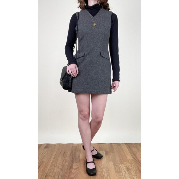Vintage Wool Pinafore Mini Dress Preppy Dark Light Academia Fall Winter 90s Y2K - Picture 2 of 10